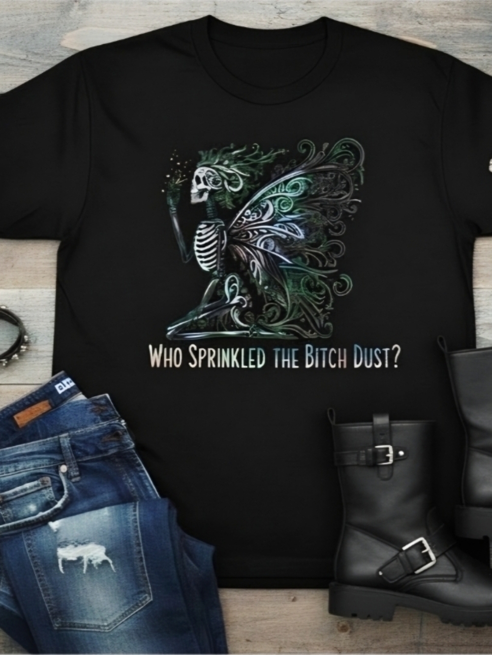 Snarky Skeleton Fairy Tee – Gothic Wings, Dark Humor, Witchy Graphic Shirt